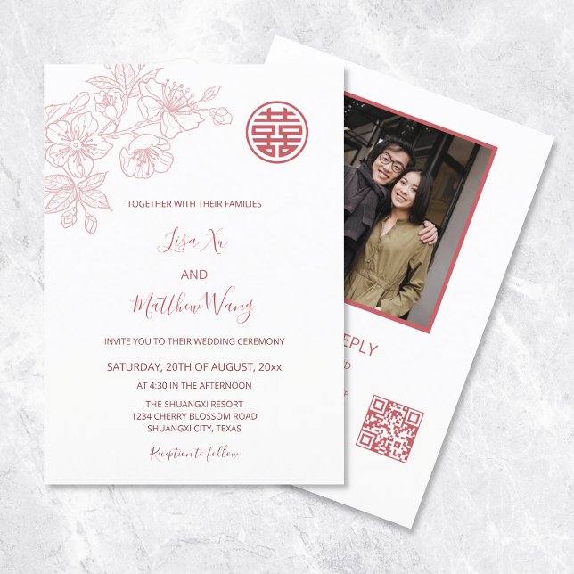 QR-Foto | Chinesische Hochzeit mit Blumenrot Einladung (Von Creator hochgeladen)