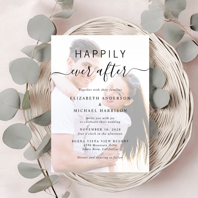 QR-Foto-Hochzeitsskripte Einladung (A chic Happily Ever After Photo Wedding Invitation)