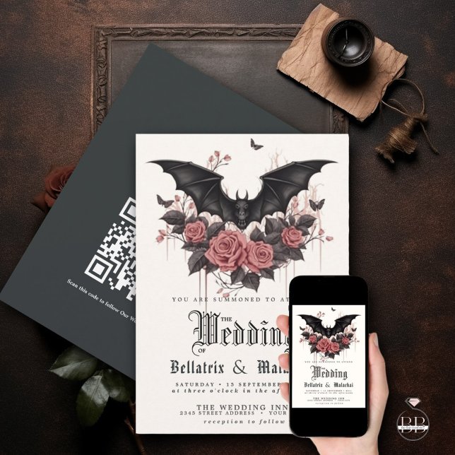 QR Goth Rosewood Rose Black Bat Bouquet Einladung (Von Creator hochgeladen)