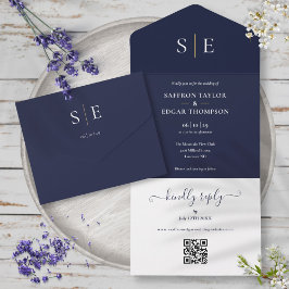 QR-Hochzeit für Navy Blue und Gold Monogram All In One Einladung