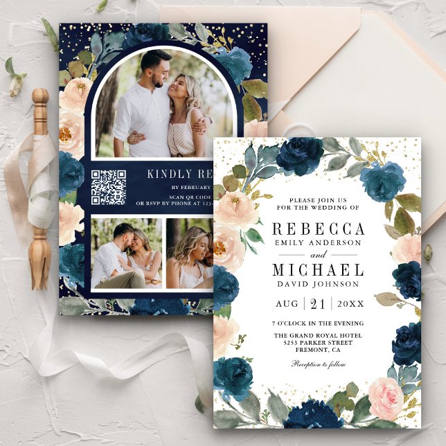 QR-Hochzeit für Navy Blue und Peach Floral Foto Einladung (Von Creator hochgeladen)