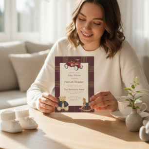 QR Karo Teddybär Spielzeugauto Baby Shower Einladu Einladung