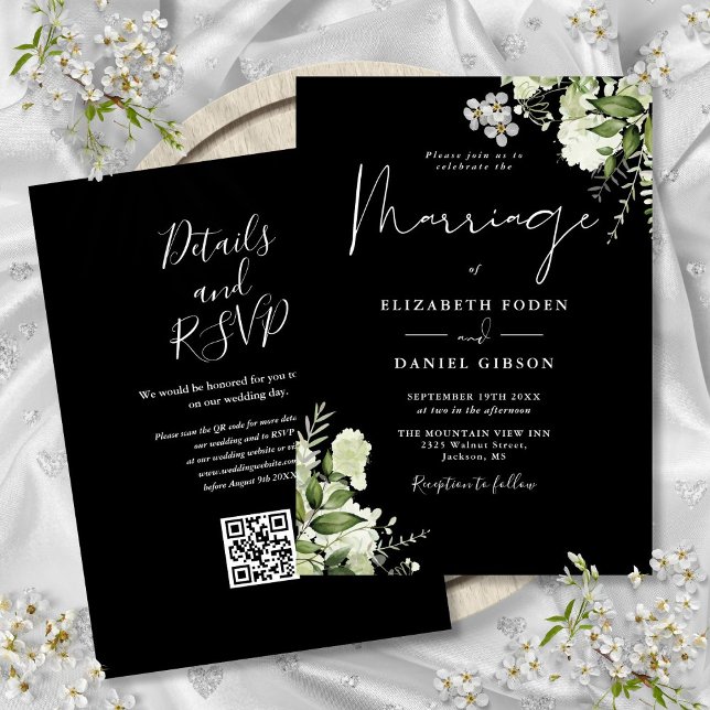 QR-Kodex für Schwarz-Weiß-Grün Einladung (Black And White Greenery Floral QR Code Wedding Invitation)