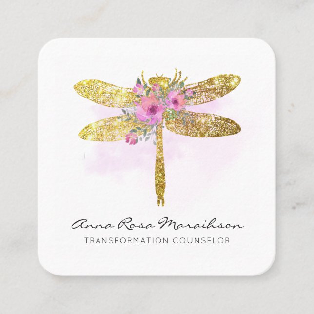 *~* QR LOGO Floral Watercolor GOLD Dragonfly Quadratische Visitenkarte (Vorderseite)