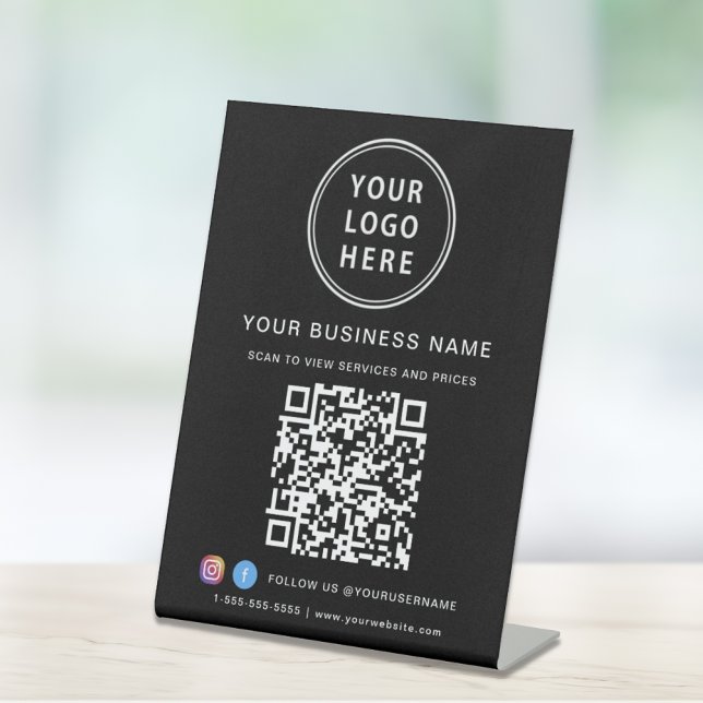 QR-Logokombination Social Media Black Sockelschild (Connect customers and clients to your desired website destination with a single scan)