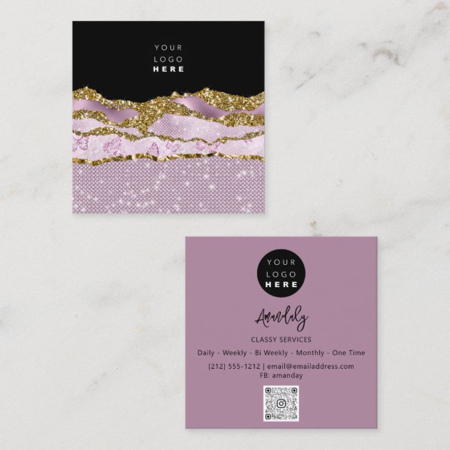 QR-Logos Rosa Glitzer Rose Schwarze Striche Quadratische Visitenkarte (Vorne/Hinten)