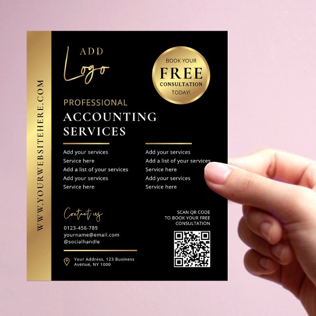 QR-Marketing für Unternehmen in Black & Gold Flyer (Modern business flyer in black and gold with QR code and your logo)