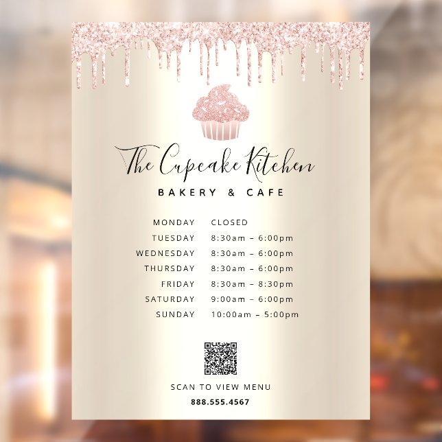 QR Menü Stunden Pink Cupcake Glitzer Bäckerei Gold Fensteraufkleber (Blatt 2)