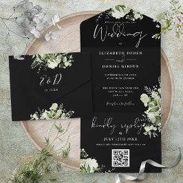 QR-Monogramm-Hochzeit in Schwarz-Weiß-Grün All In One Einladung