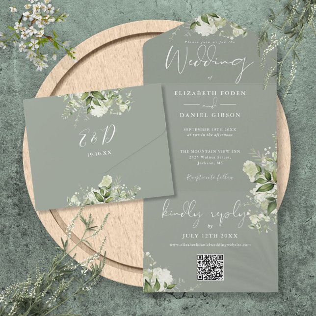 QR-Monogramm-Hochzeitscodierung für grün Foliage All In One Einladung (Sage Green Foliage Floral QR Code Monogram Wedding All In One Invitation)