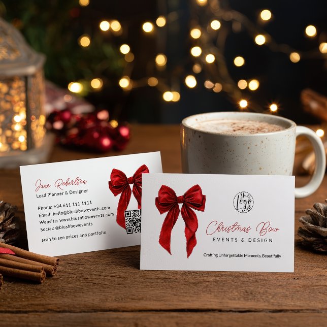 QR Red Coquette Bow Elegant Events Design  Visitenkarte (QR Red Coquette Bow Elegant Events Design Business Card)