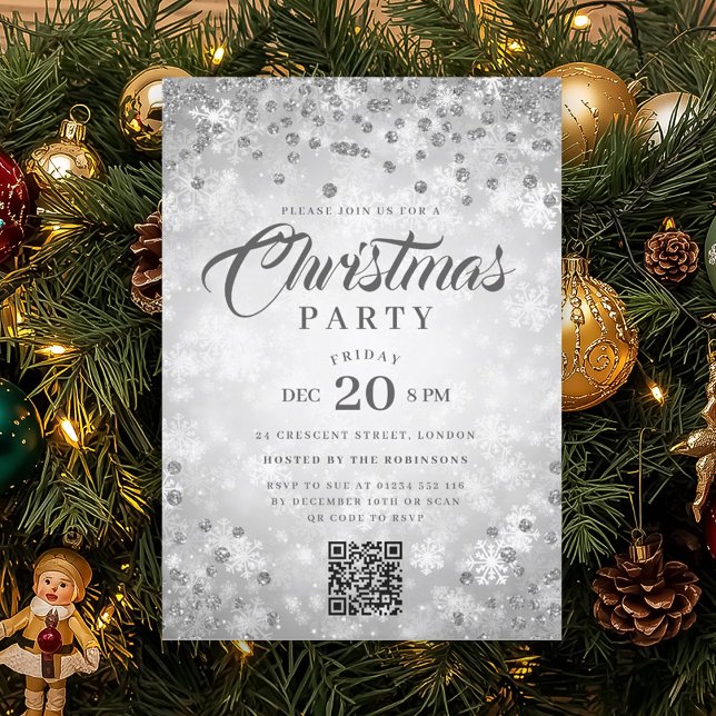 QR Silver Winter Diamonds Glitter Christmas Party Einladung (QR Silver Winter Diamonds Glitter Christmas Party Invitation)