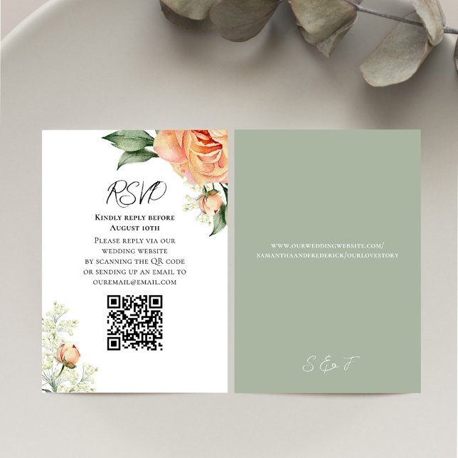 QR-UAWG für die Farbflora Peach RSVP Karte (Elegant wedding RSVP card with watercolor peach floral design.)