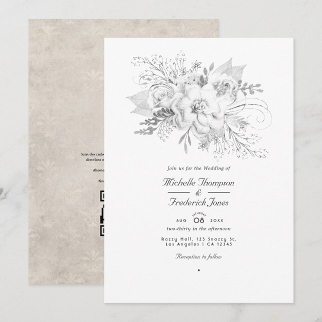 QR-UAWG für White Wedding Floral Einladung (Vorne/Hinten)