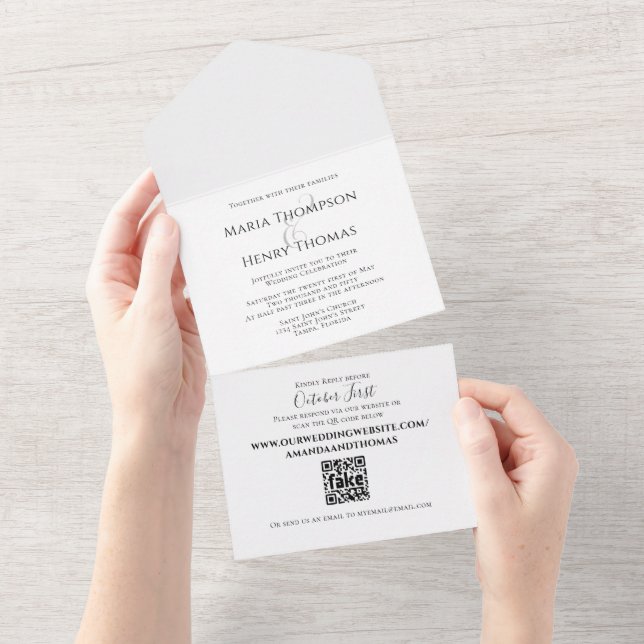 QR-Vorlage für einfachen Minimalistischen Schwarze All In One Einladung (Abreißen)