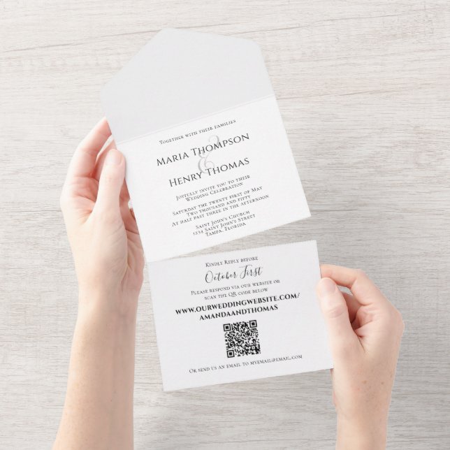 QR-Vorlage für einfachen Minimalistischen Schwarze All In One Einladung (Abreißen)