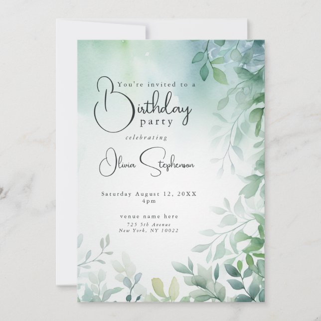 QR Watercolor Birthday Blue Green Blätter Einladung (Vorderseite)