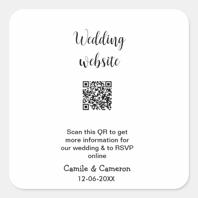 QR WEDING WEBSITE Hinzufügen des Datums Schwarz-we Quadratischer Aufkleber (Vorderseite)