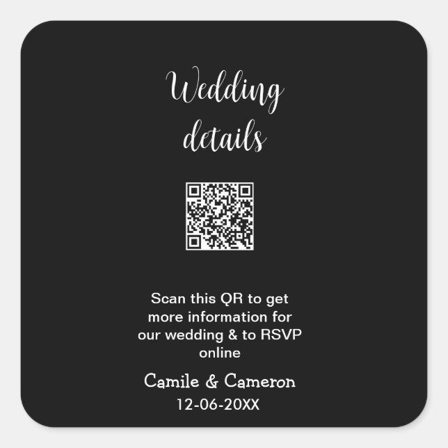 QR WEDING WEBSITE Hinzufügen des Datums Schwarz-we Quadratischer Aufkleber (Vorderseite)