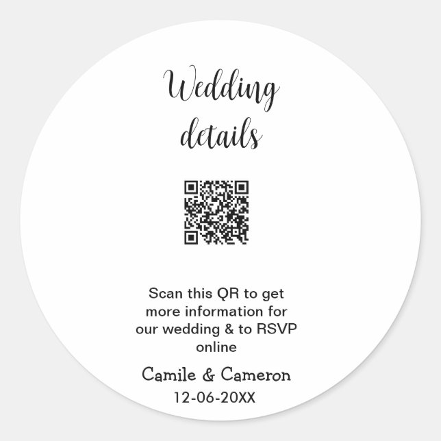 QR WEDING WEBSITE Hinzufügen des Datums Schwarz-we Runder Aufkleber (Vorderseite)
