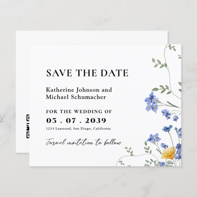 QRcode-Hochzeit der Aquarellfarbe Wildblume Datum  (Vorne/Hinten)