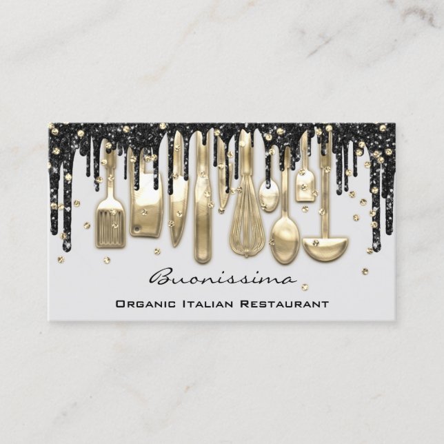 QRCode Koch Kitchen Tropfen Logo Messer Gold Gray Visitenkarte (Vorderseite)