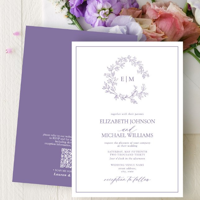 QRCode Lilac Lavender Leafy Wappen Monogram Weddin Einladung (Von Creator hochgeladen)