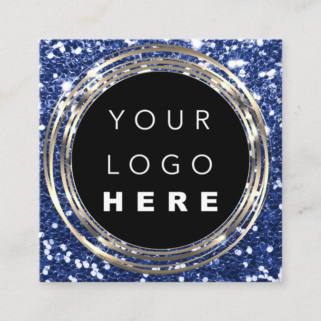 QRCode Logo Online Shop Rahmen Gold Glitzer Blau Quadratische Visitenkarte (Vorderseite)