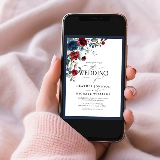 QRCode Navy Blue Burgundy Floral Watercolor Script Einladung (Von Creator hochgeladen)