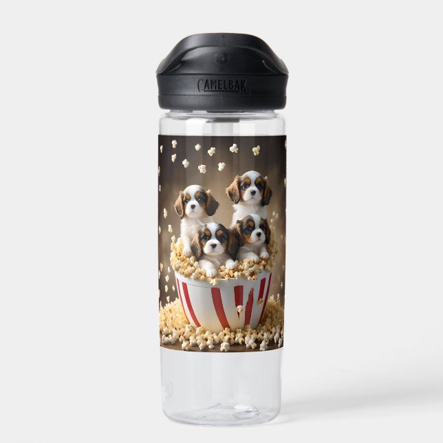 Quad Cavalier Spaniel Welpen im Popcorn, Trinkflasche (Rückseite)
