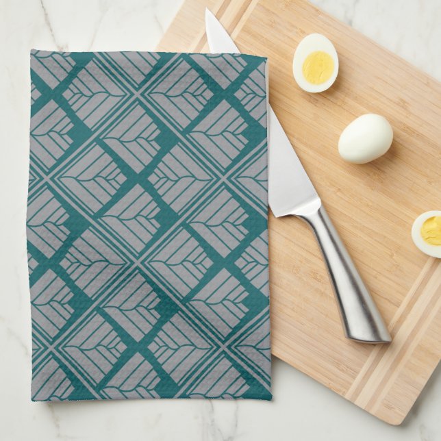 Quadrat Art Deco Muster in Aquamarin und neutral Handtuch (Viertel Falte)