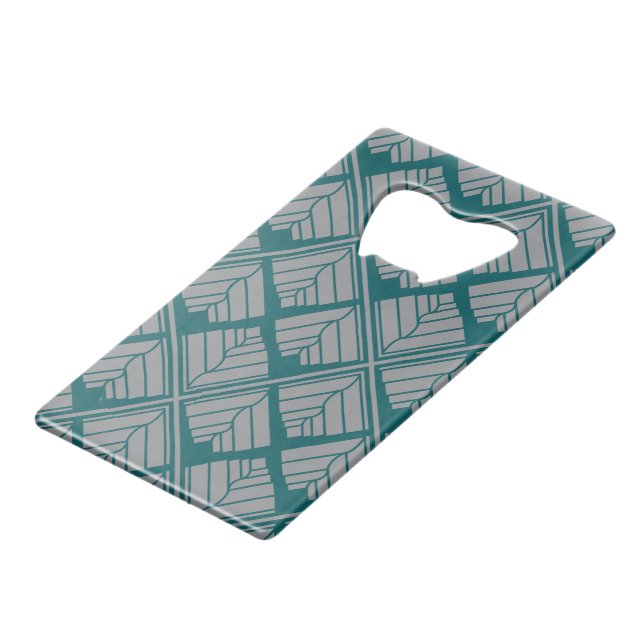 Quadrat Leaf Muster Aquamarin neutral Kreditkartenflaschenöffner (Rückseite Schrägansicht)