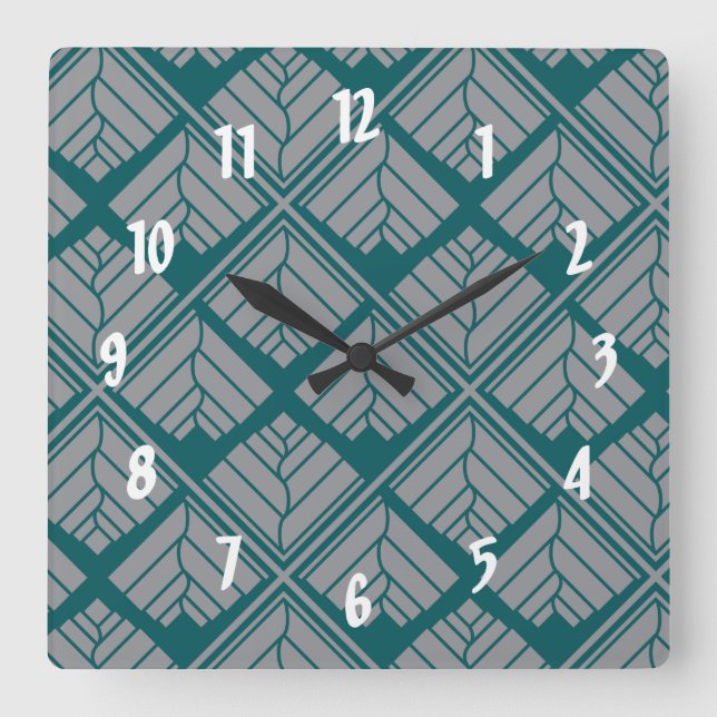 Quadrat Leaf Muster Aquamarin neutral Quadratische Wanduhr (Vorderseite)