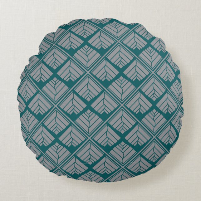 Quadrat Leaf Muster Aquamarin neutral Rundes Kissen (Vorderseite)