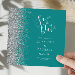 Quadratisch Teal Blau Silber Glitter Save the Date Ankündigung