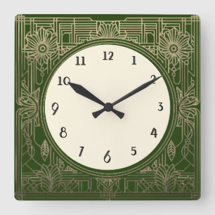 Quadratische Art Deco-Uhr in Dunkelgrün und Gold Wanduhr