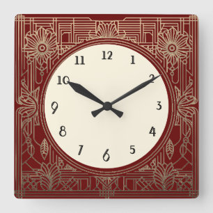 Quadratische Art Deco-Uhr in Dunkelrot und Gold Wanduhr