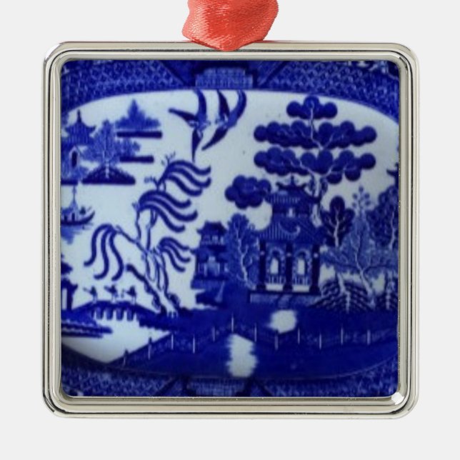 Quadratische blaue Weide-Verzierung leuchtet Ihrem Silbernes Ornament (Vorne)