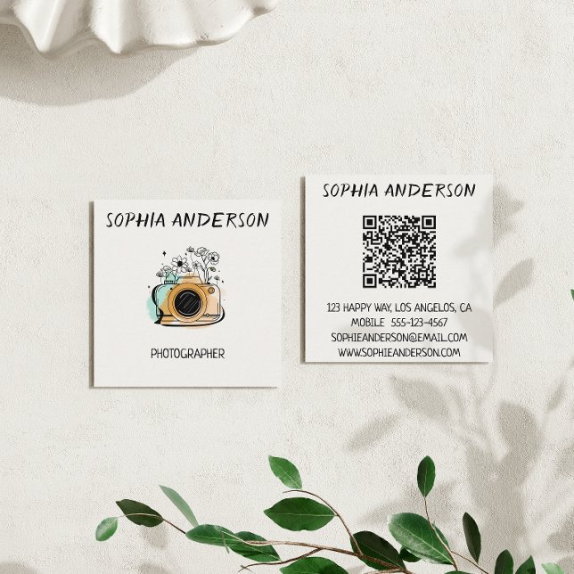 Quadratische Blumen-Kamera-Fotograf mit QR-Code  Visitenkarte (Von Creator hochgeladen)