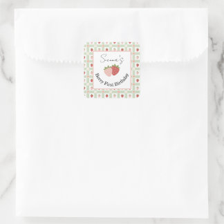 Quadratische essbare Erdbeere-Gingham-1.-Geburtsta Quadratischer Aufkleber