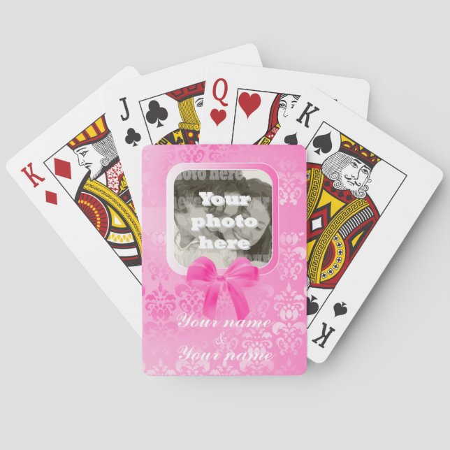 quadratische Fotovorlage auf rosa Damast Spielkarten (Rückseite)