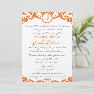 Quadratische orange Damast-Monogramm-Hochzeitseinl Einladung