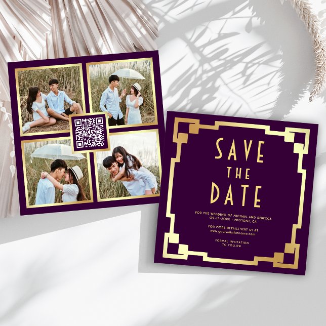 Quadratischer Art Deco Rahmen Lila Gold QR Code Ho Save The Date (Von Creator hochgeladen)