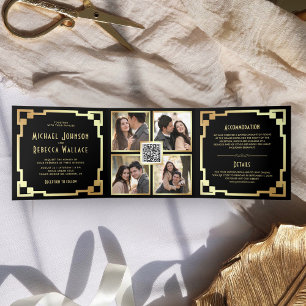 Quadratischer Art Deco Rahmen Schwarz Gold QR Code Dreifach Gefaltete Einladung
