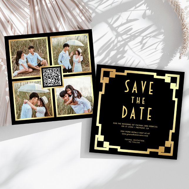 Quadratischer Art Deco Rahmen Schwarz Gold QR Code Save The Date (Von Creator hochgeladen)