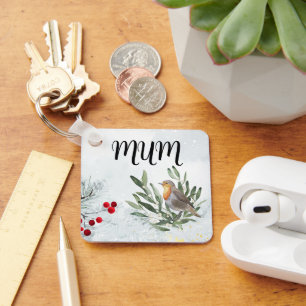 Quadratischer Schlüsselring mit Weihnachtsrobin Schlüsselanhänger