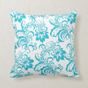 Quadratisches Kissen Teal Blau Aqua Weiß Damast Fl