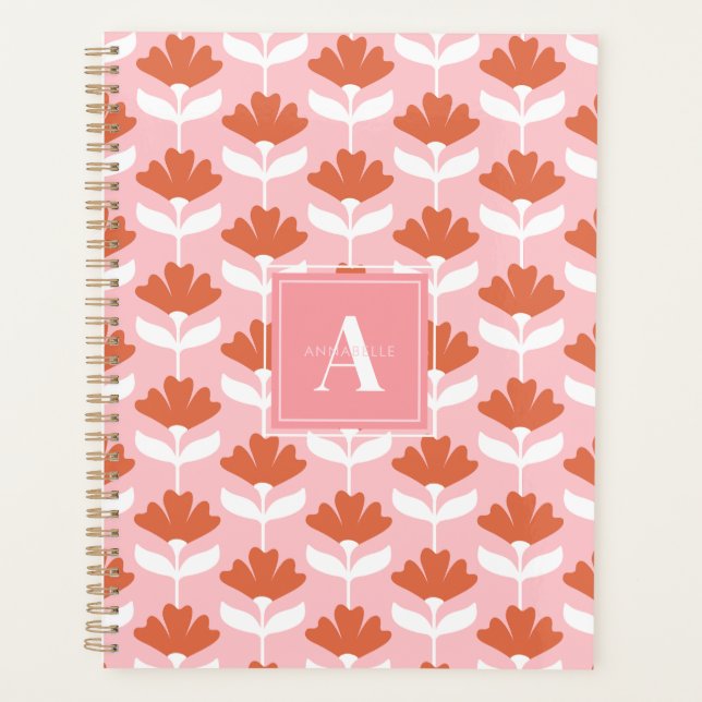 Quadratisches Monogramm Initial Pink & Rot Floral  Planer (Vorderseite)