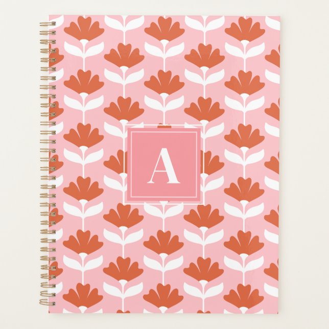 Quadratisches Monogramm Initial Rosa & Rot Floral  Planer (Vorderseite)