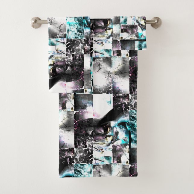 Quadratisches Mosaik chaotischer Texturen in Silbe Badhandtuch Set (Insitu)